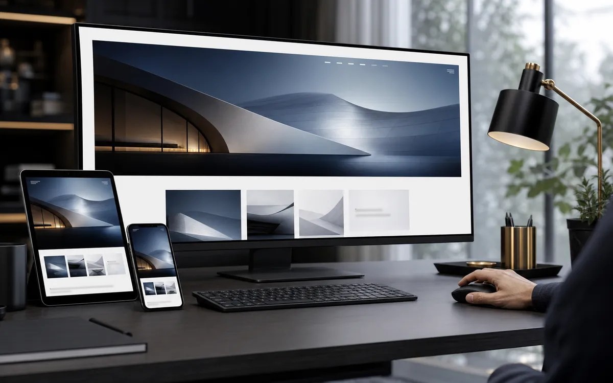 Site profissional responsivo exibido em computador, tablet e celular