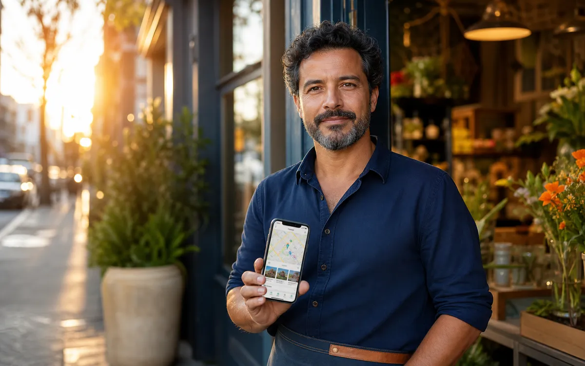 Empresário local mostrando sua presença comercial no mapa